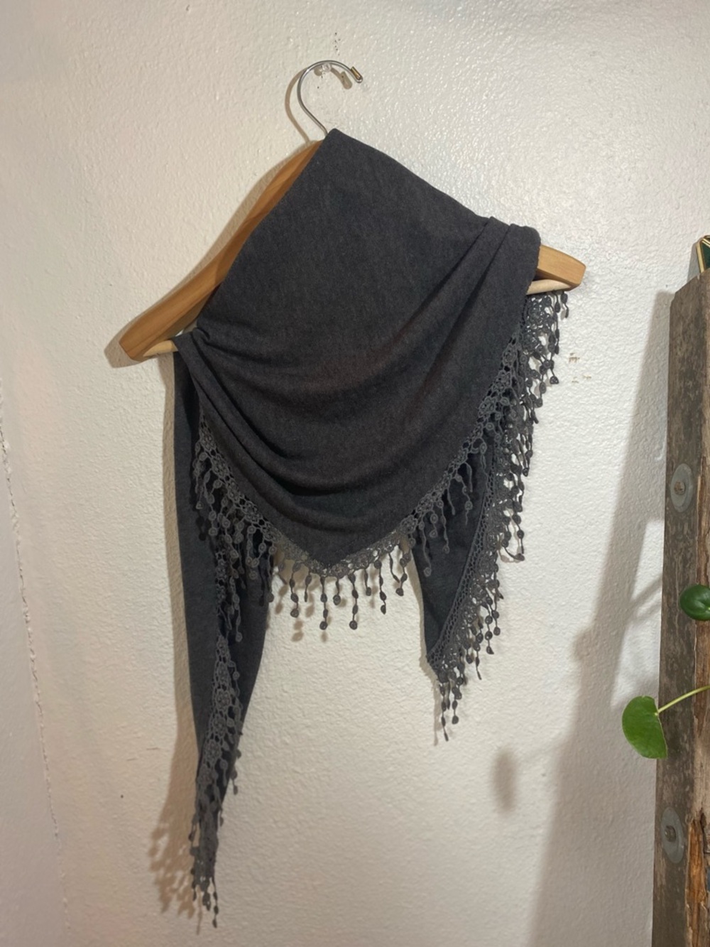 Stormcloud Grey Knit Triangle Scarf with Flower Lace Fringe - Picture 2 of 7